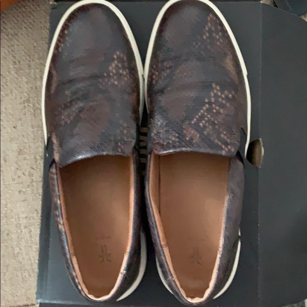Frye Ivy Slip Ons; dark brown snakeskin